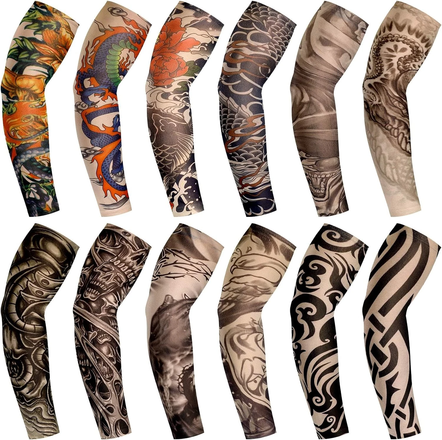 12 Pcs Tattoo Sleeves Fake Arm Covers Soft Elastic UV Protection for Men Women