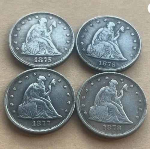 Lot of 4 1875-1878 Seated Liberty Silver Half Dollar Twenty-Cent Piece Silver Co