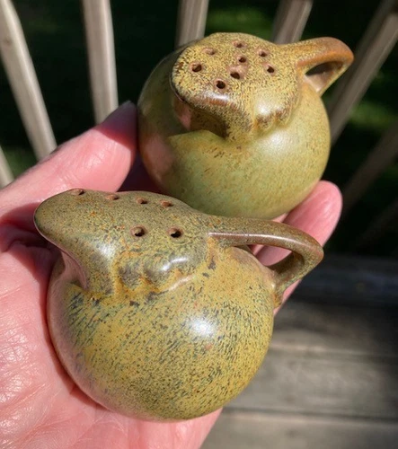 Vintage Frankoma Pottery Prairie Green Ball Jug Pitcher Salt And Pepper Shakers