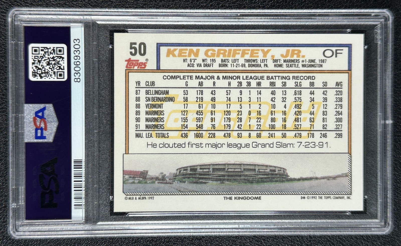 KEN GRIFFEY JR. PSA 10 1992 TOPPS #50 GOLD WINNER MARINERS 9303 view 2
