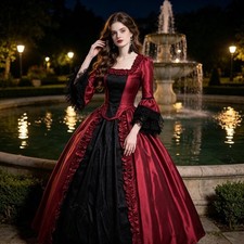 Burgundy Satin Victorian Gown Lace Long Sleeve Swing Skirt Rococo Party Costume
