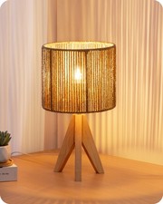 EDISHINE Small Rattan Table Lamp, Rustic Wood Tripod Bedside Lamp, Striated Pape