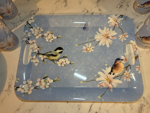 NEW KOHLS BOTANICAL DINNER PLATES TUMBLER MELAMINE PLASTIC SERVING TRAY BLUEBIRD - Picture 3 of 12