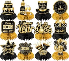 12PC Happy New Year 2026 Honeycomb Centerpieces Black Gold Table Decorations Eve