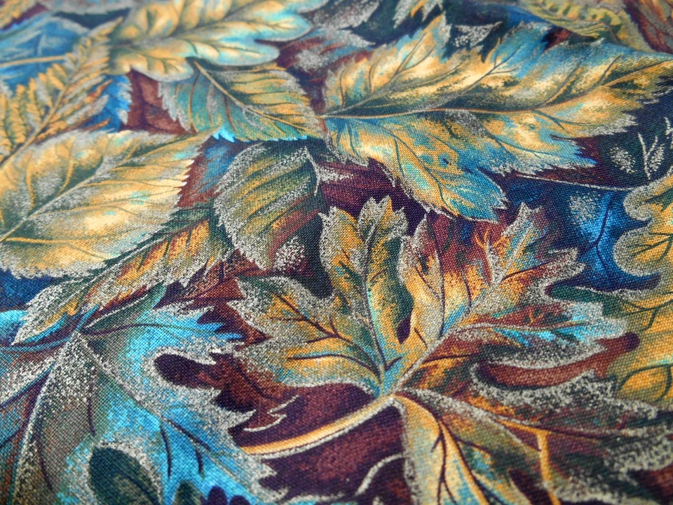 Vintage VIP Cranston Cotton Fabric Golden Autumn LEAVES & Teal 56" x 44" - Image 3 of 4