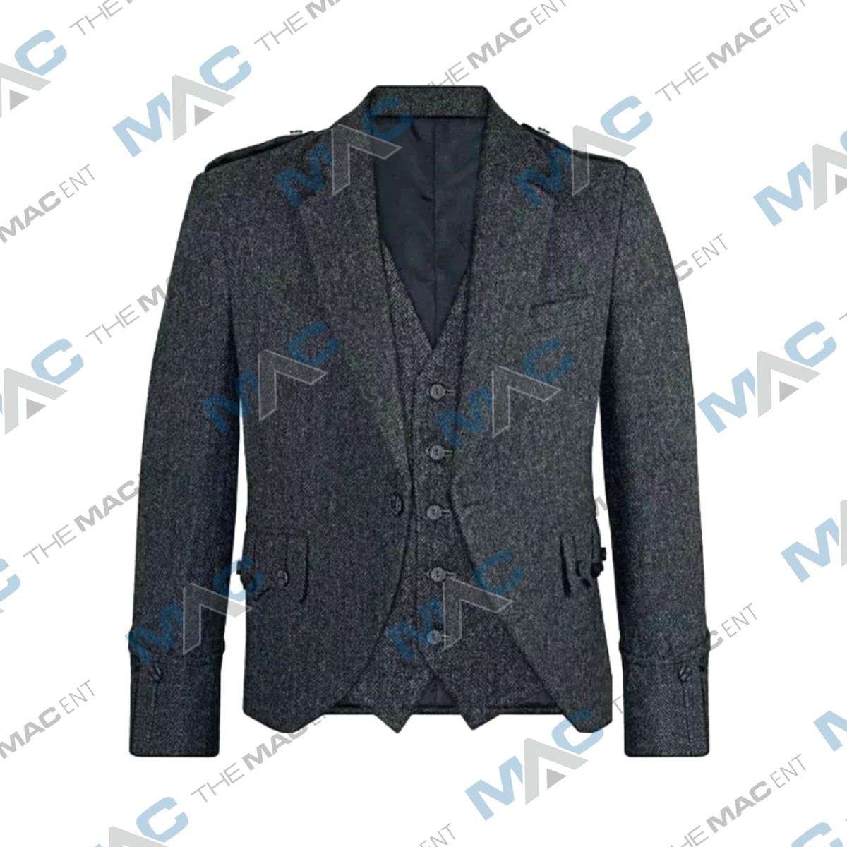 Scottish Handmade Charcoal Gray Tweed Argyle Kilt Jacket with 5 Button Vest image 2