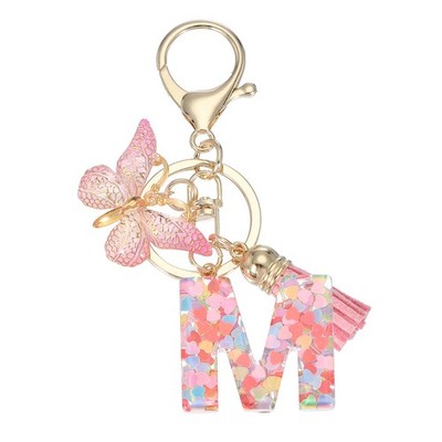 Alphabet Initial Letter Keychain Cute Charm with Tassel Butterfly Letter M Pink