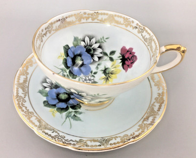 Royal Sutherland Bone China Blue Teacup Saucer Floral Gold Gilt England Vintage