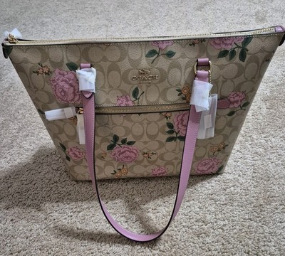 Coach Brown With Pink Roses Zip-Tote Bag Medium Brand New With Tags