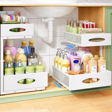 Under Sink Organizer, 2-Pack Pull Out Cabinet Organizer 2 Tier Metal Slide Ou...
