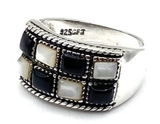 Sterling Silver / 925 Mother of Pearl Black Onyx Checkered Band Ring Size 6.75