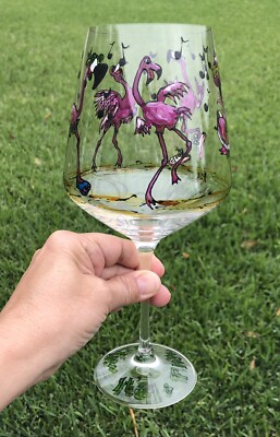 AWESOME Handpainted FLOCK PARTY Colorful FLAMINGO 10" Hand Painted Wine  Glass | eBay