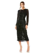 MAC DUGGAL Black Sequin Beaded Embellished Semi-Sheer Long Sleeve Midi Dress 4 S