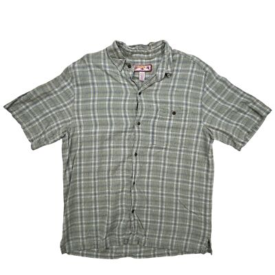 Caribbean Joe Shirt Mens Large Plaid Linen Rayon Blend Green Short Sleeve