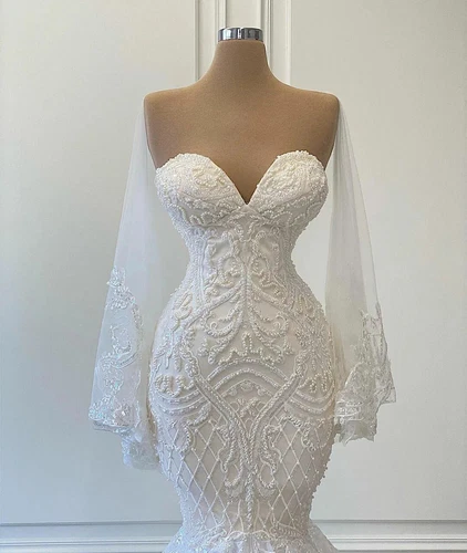Abiti da sposa a sirena in pizzo sexy a cuore scintillante maniche lunghe abiti da sposa - Foto 4 di 11