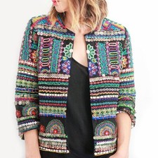 RARE ZARA MULTICOLOUR BEADED EMBROIDERED ETHNIC BOHO COTTON JACKET SIZE M