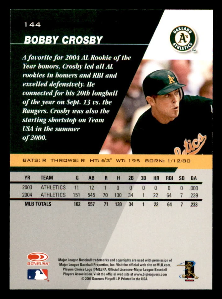 2005 Leaf #144 Bobby Crosby Oakland Athletics - Image 2 of 2