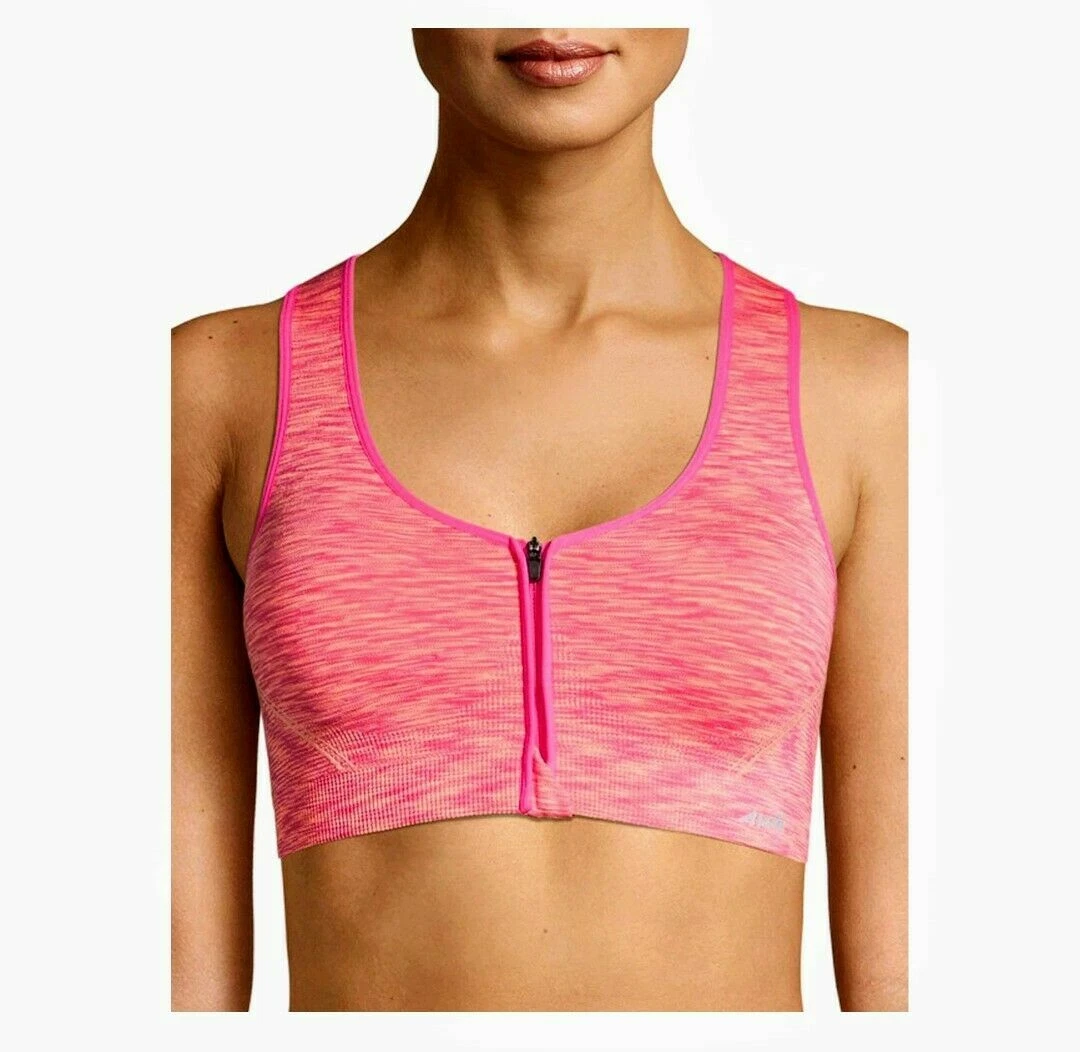 Avia Seamless Zip Front Sports Bra Size SMALL Pink W Orange Medium Support