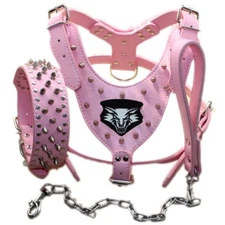 Large Breed Leather Dog Harness Leash Collar SET Spike Studs PitBull Mastiff 