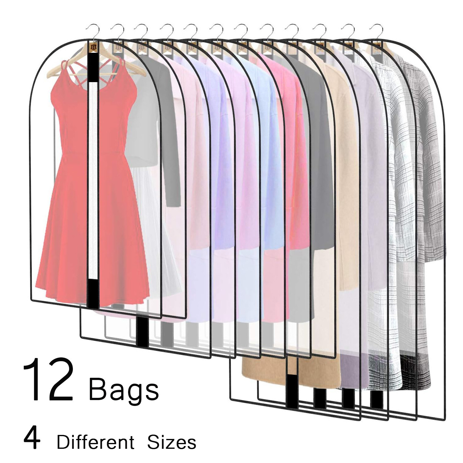 12 Pack Waterproof Garment Bags Multi Size PEVA Translucent Clothes Covers Suit