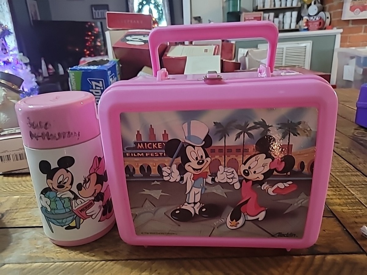 PINK 90's Mickey and Minnie Mouse plastic Aladdin lunchbox W