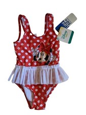 New Disney Minnie Mouse Baby Girl Red White Polka Dot Ruffle Swimsuit 24M 50 UPF