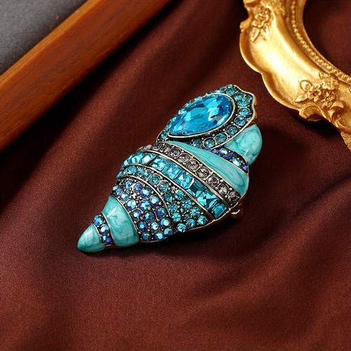 Vintage conch brooch blue enamel inlaid with rhinestones alloy marine shell pin! - Picture 5 of 7