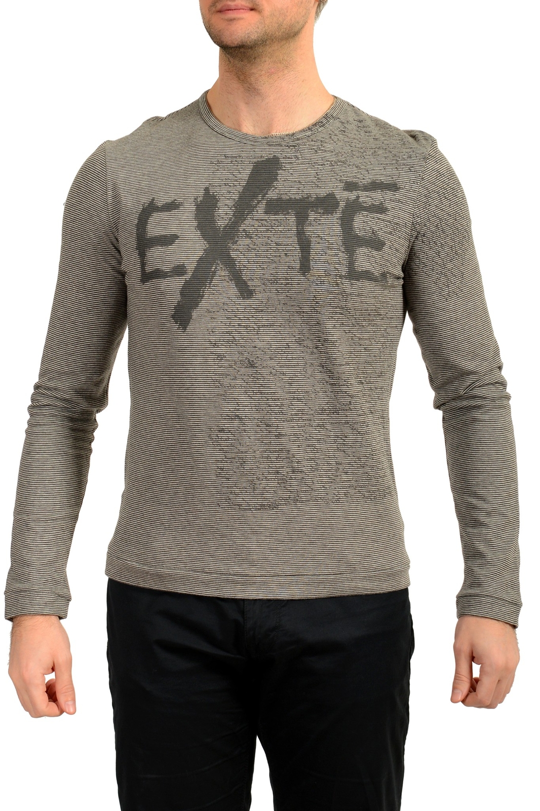 Мужская футболка с длинным рукавом Exte в разноцветную полоску с логотипом и принтом US S IT 48 5890₽