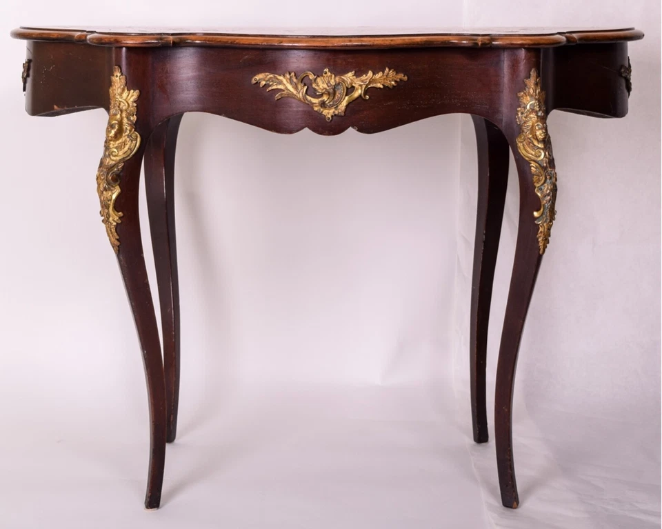 Antigua mesa francesa Luis XIV caoba marquetería tortuga Foto 3 de 4