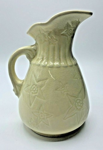 Antique Hull Pottery USA 6-6 Blue Star Flower Creamy Yellow Glaze Pitcher~6.5" - Picture 3 of 7