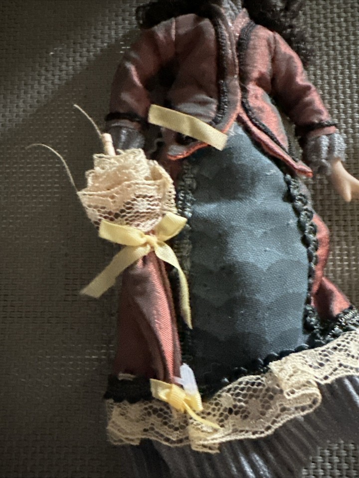 Dollhouse Miniature Victorian Doll in Burgandy/Navy Dress With Parasol