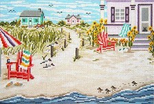 Summer Beachside Cottage Scene handpainted Needlepoint Canvas Needle Crossings
