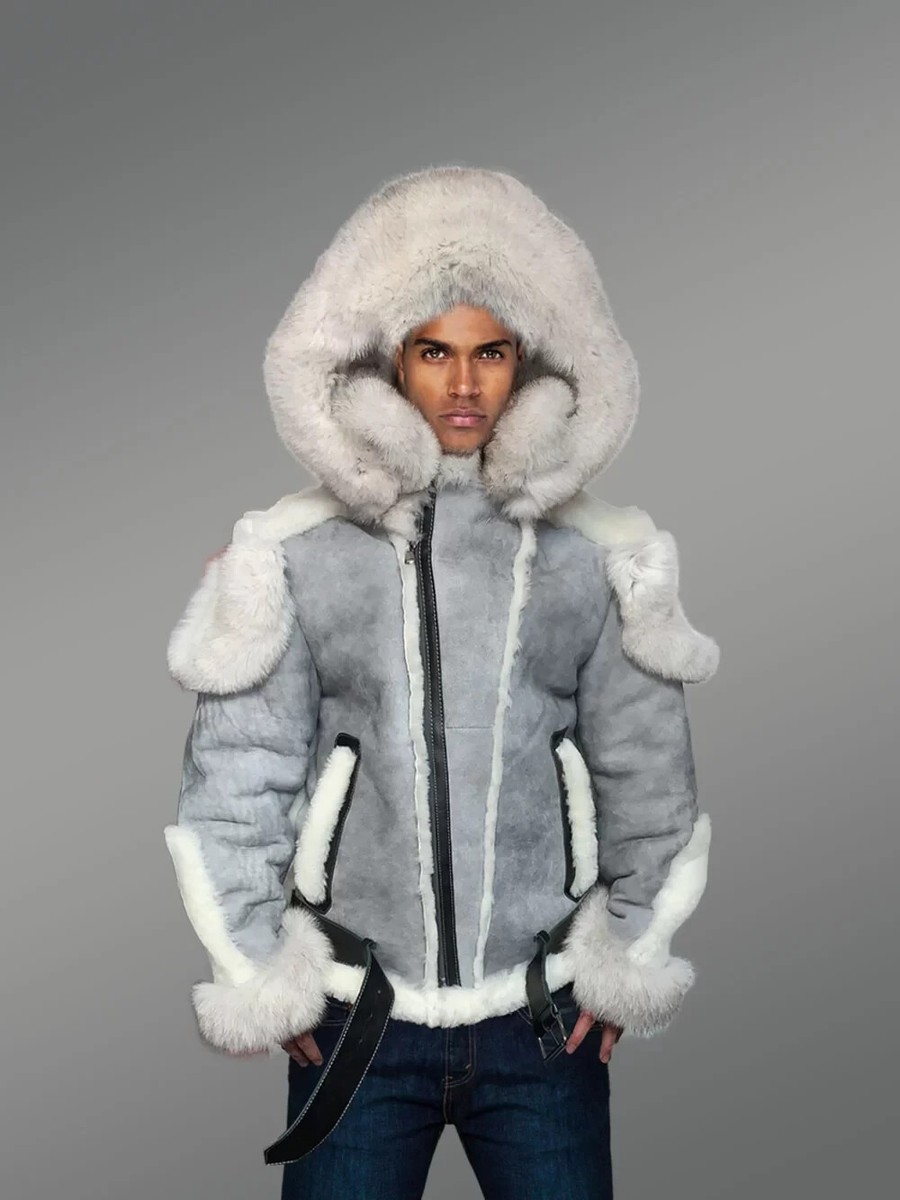 Exclusive Men's Grey Shearling Jacket With Frost Fur Detailing | eBay