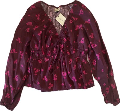 Women's Small Universal Thread Long Sleeve Top Maroon w/Pink Floral, Elastic
