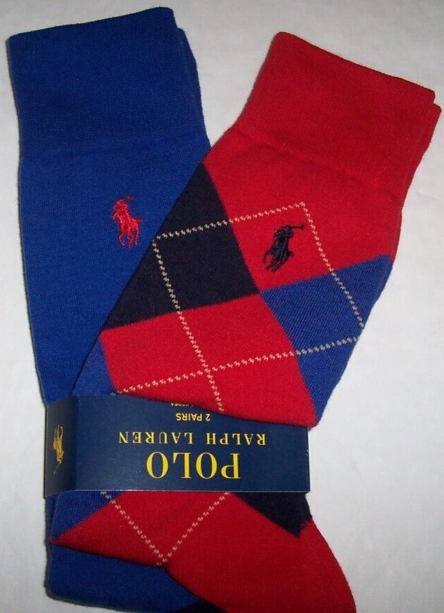 Polo Ralph Lauren 2 PAIA Calze Pantalone ROSSO ARGYLE BLU SOLIDO Uomo PONY Nuovo con etichette