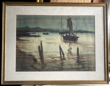Watercolor 1954 Elbe Landscape at Blankenese L. Pr.. Signed Hamburg Frame Elbe