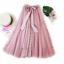 Women Lolita Mesh Skirt Tulle Lace Pleated Midi Dress A-lined High Waist