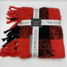 VICTORIA'S SECRET Winter Angel Scarlet Check Scarf Red Black Fringe Acrylic Shaw