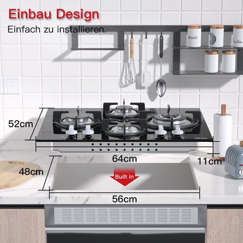 IsEasy 64 cm Piano Cottura a Gas 4 Fuochi Built-in Ghisa Gas Vetro Nero GN/GPL - Foto 3 di 10