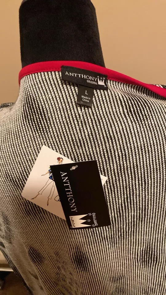 Cárdigan Suéter, Grande, Negro/Rojo/Blanco, Frente Abierto, NUEVO Foto 4 de 4