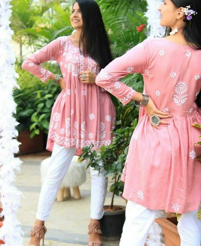 Peach Modal Short Top Chikankari 