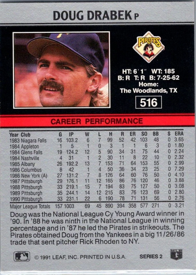 1991 Leaf Doug Drabek #516 Pittsburgh Pirates - Image 2 of 2