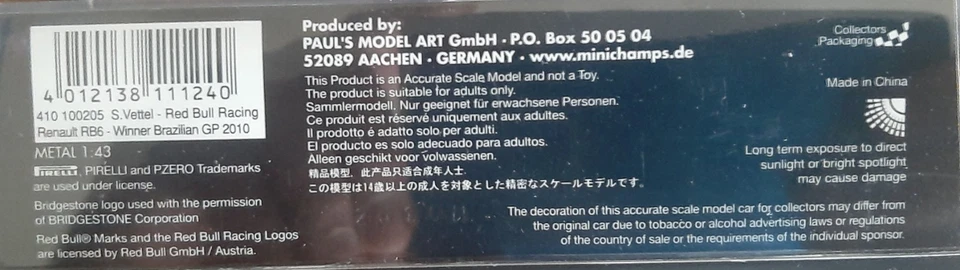 MINICHAMPS RED BULL RB6 WINNER GP BRASILE 2010 VETTEL - LIMITED EDITION - Immagine 4 di 4