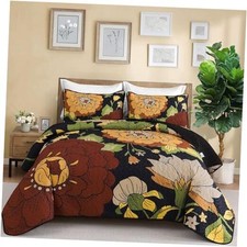 Floral Quilt Set Size Boho Bedspread Coverlet Set 3 Pieces, Queen Black