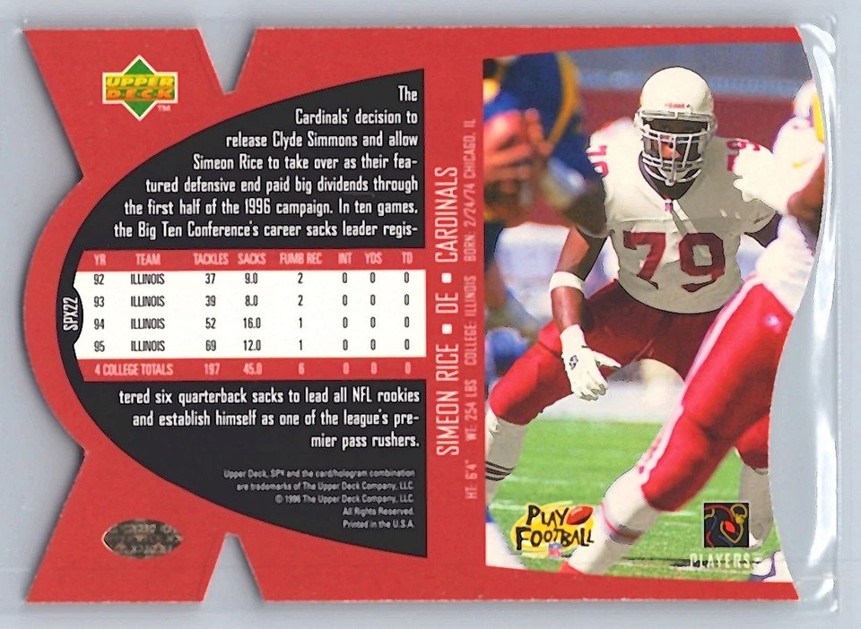 1997 UPPER DECK SPX #SPX22 SIMEON RICE GOLD ARIZONA CARDINALS - Image 2 of 2