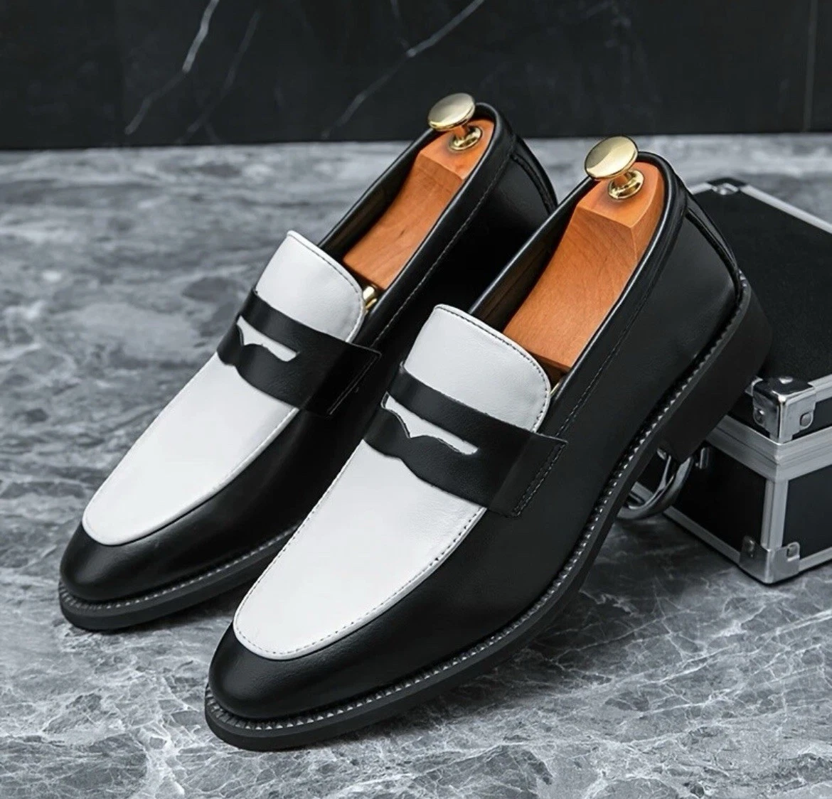 Black And White Penny Loafers In Men display picture 1