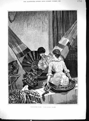 Antiker alter Druck 1885 schöne sitzende Frauen Hängematte Fächer Canton Woodville