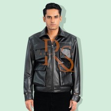 Men's Four Pocket Style Black Leather Shirt Genuine Soft Lambskin Leather Shirt