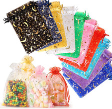 100 Pieces Moon Star Organza Jewelry Candy Bags, 3x4inch Random Colors Mesh Bags