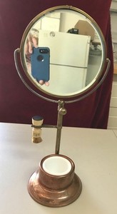 EARLY BRASS GENTLEMEN'S SHAVING MIRROR WITH BRUSH AND MILK GLASS CUP